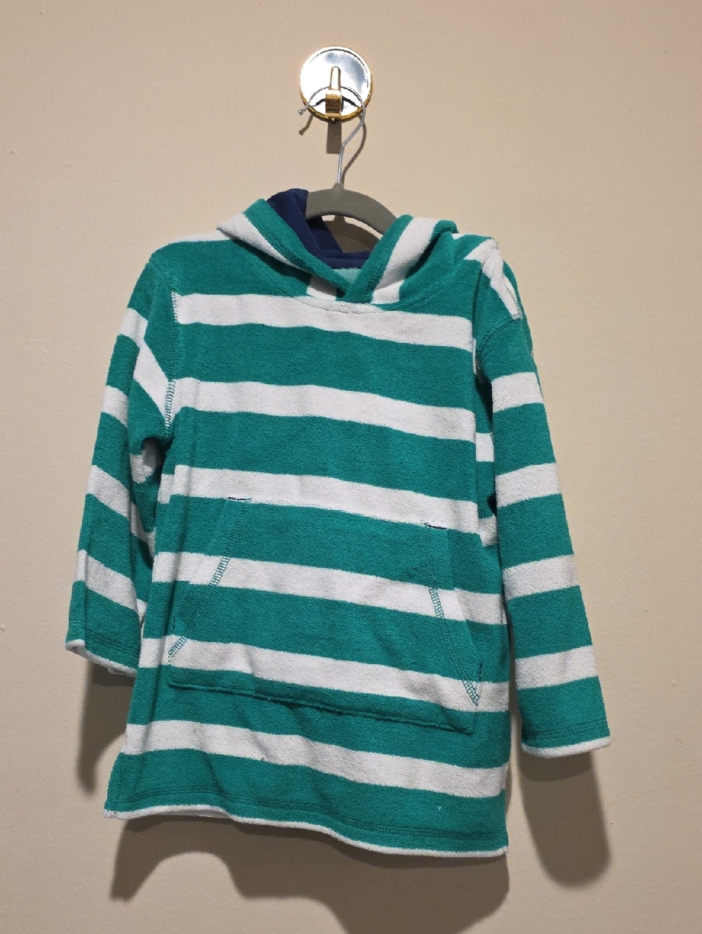 Striped Hooded Pullover - Teal & White Mini Boden Size 2 3 Years Terry Coverup